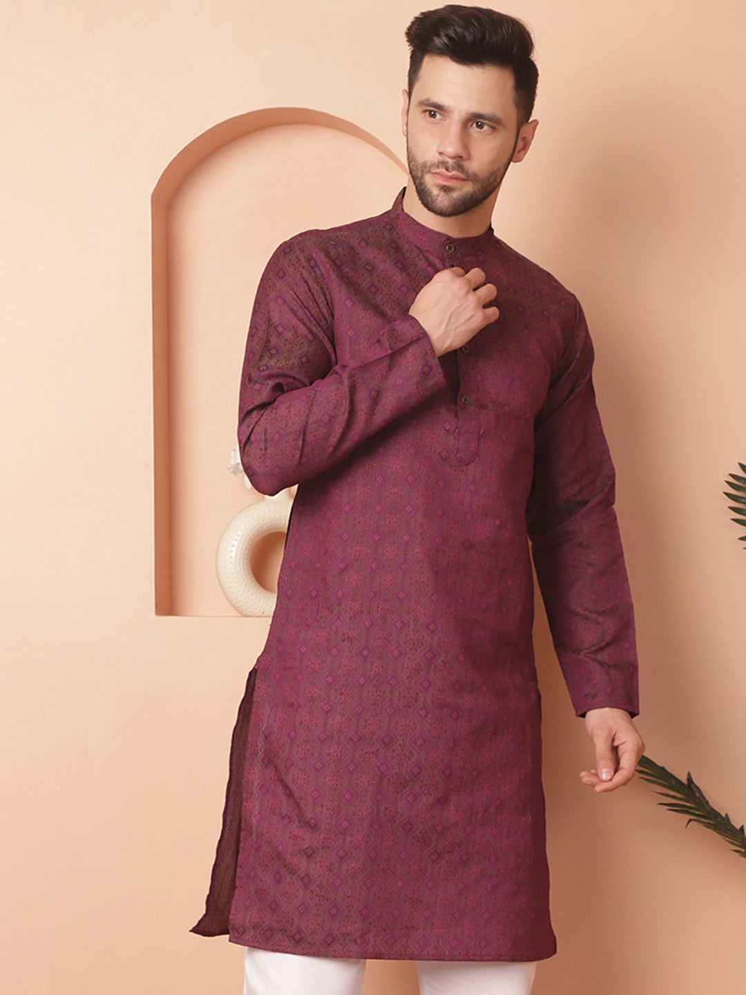 Men's Woven Design Silk Blend Kurtas - Taantav