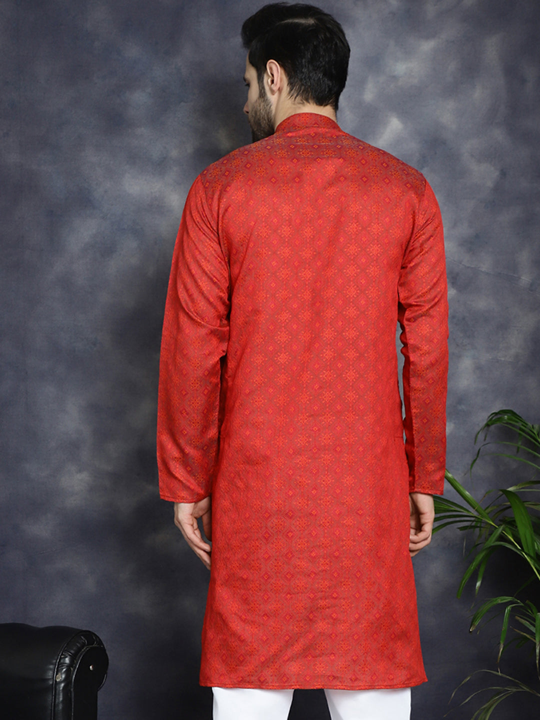 Men's Red Woven Design Kurtas - Taantav