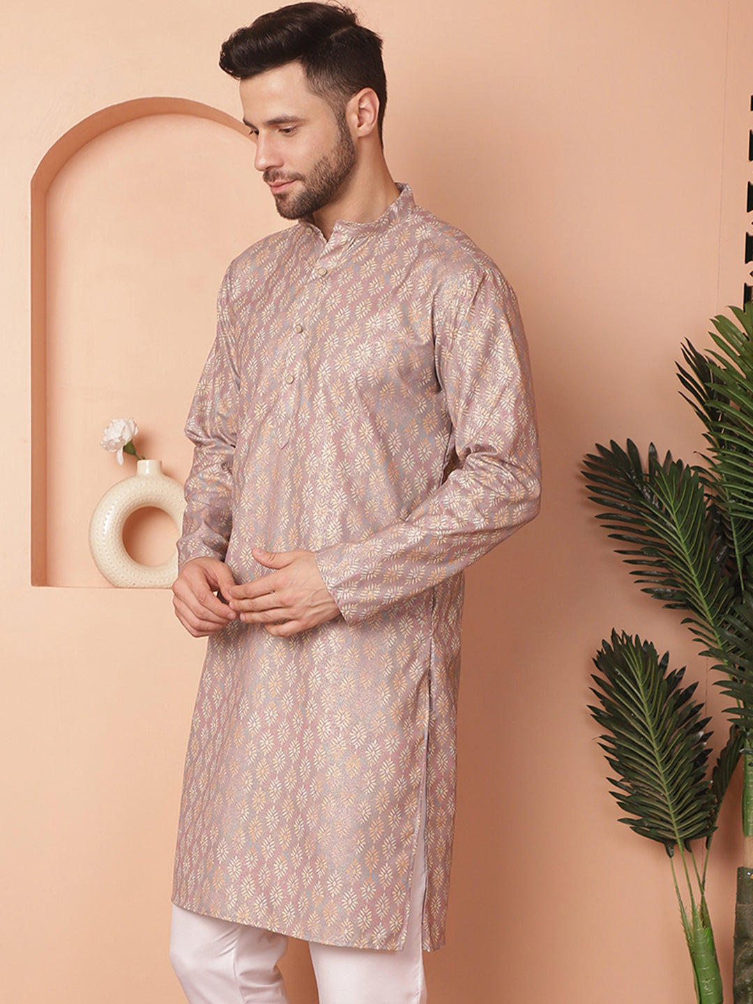 Men's Peach Foil Printed Kurtas - Taantav