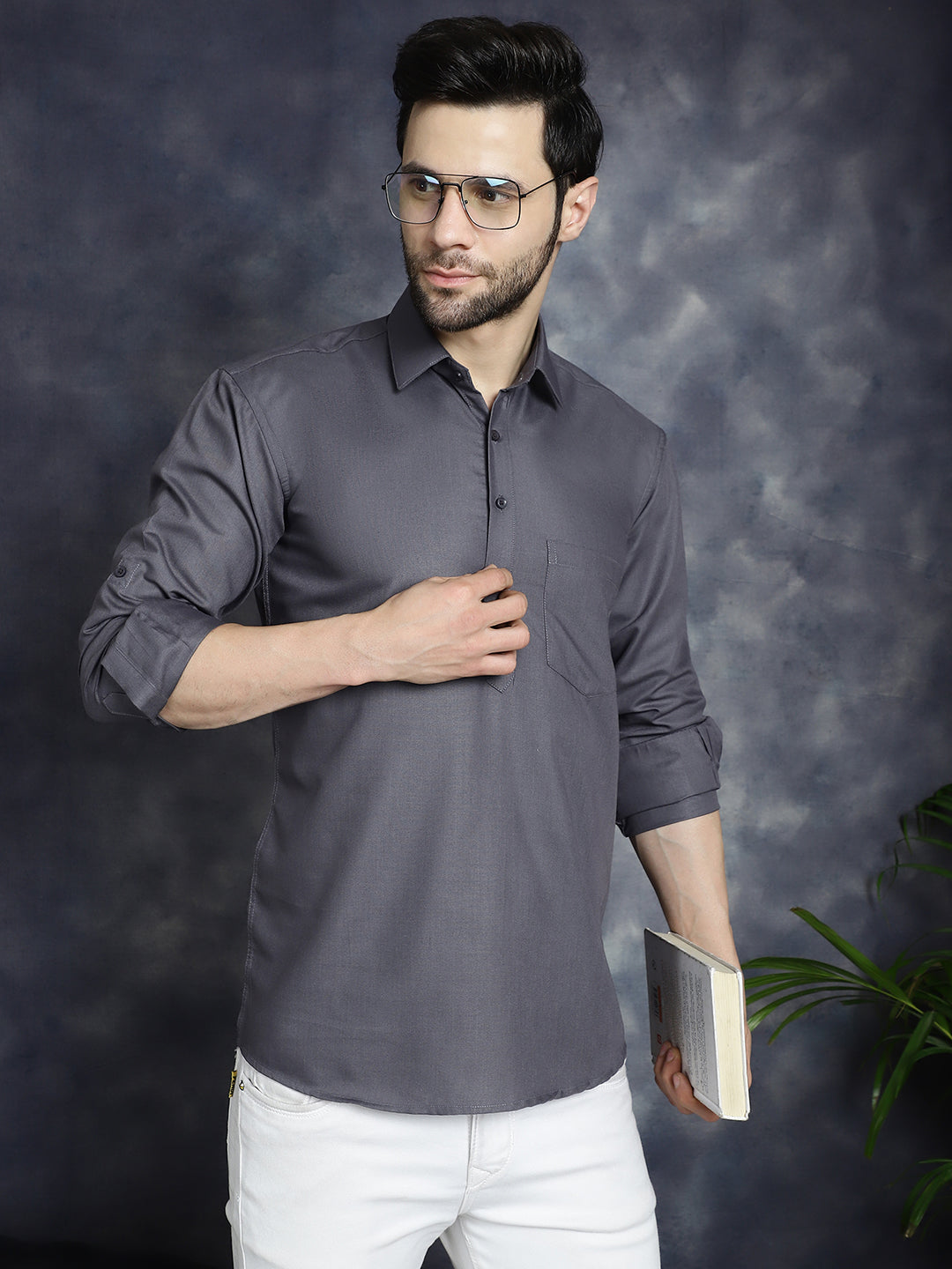 Men's Grey Solid Short Kurtas - Taantav