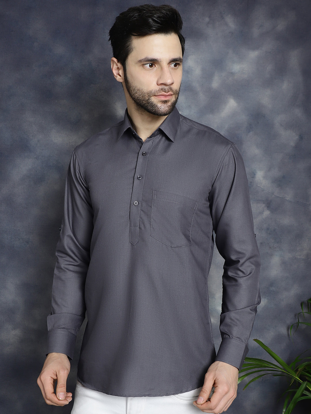 Men's Grey Solid Short Kurtas - Taantav