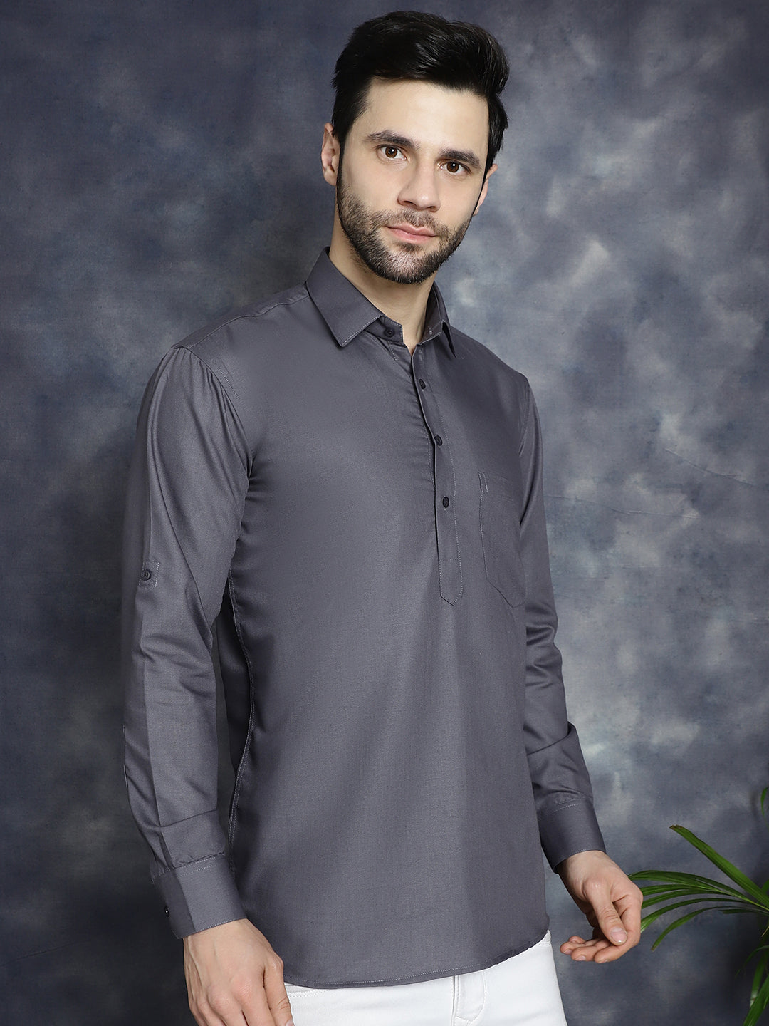 Men's Grey Solid Short Kurtas - Taantav