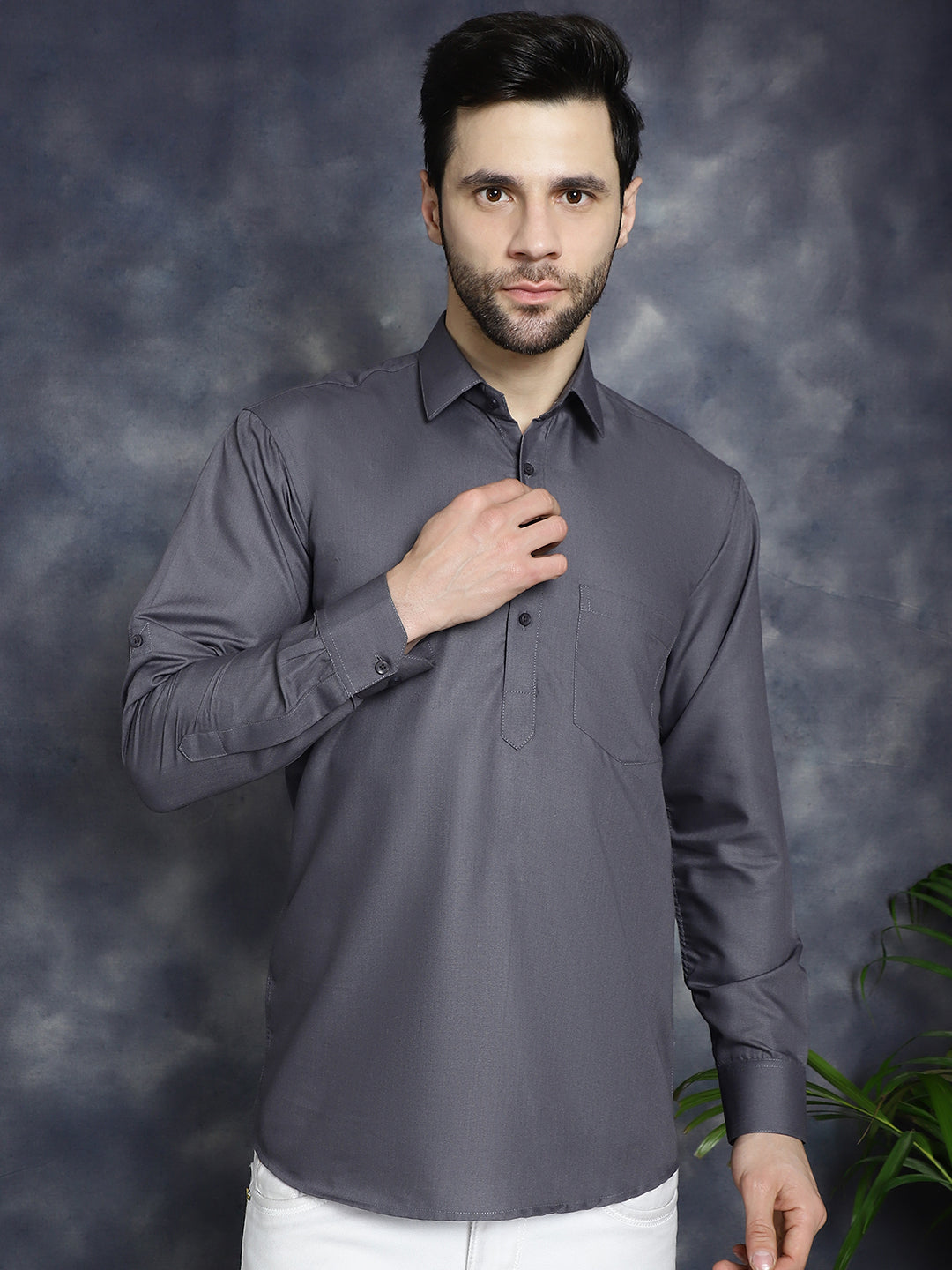 Men's Grey Solid Short Kurtas - Taantav