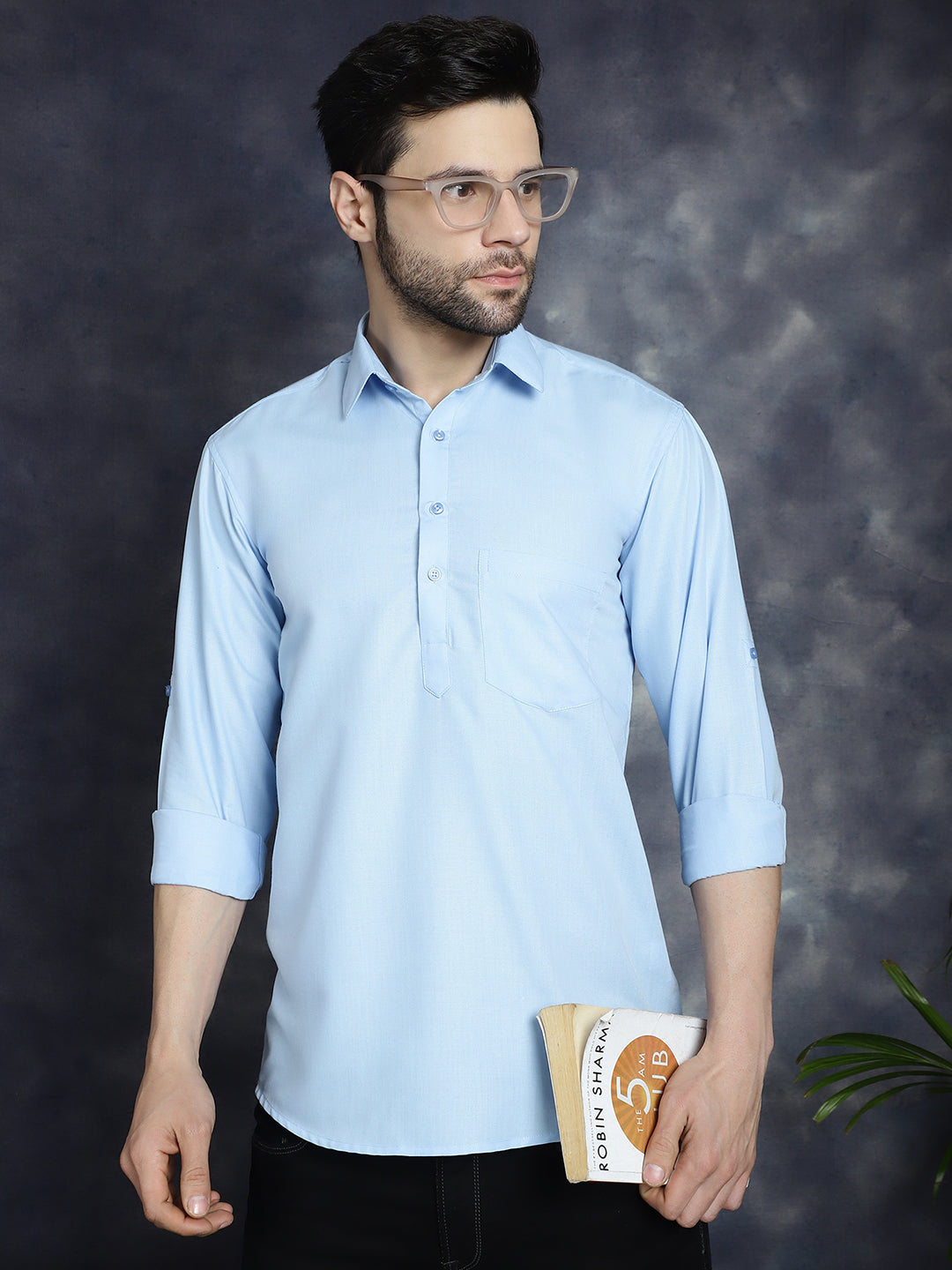 Men's Light Blue Solid Short Kurtas - Taantav