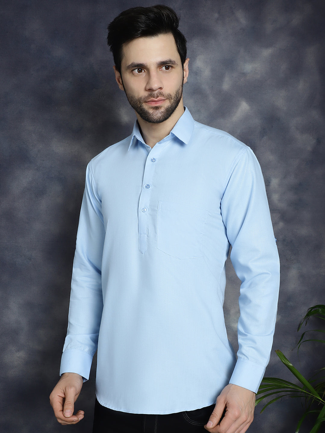 Men's Light Blue Solid Short Kurtas - Taantav