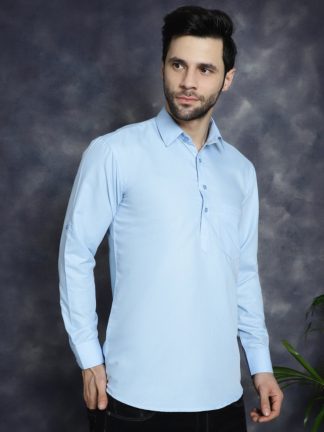 Men's Light Blue Solid Short Kurtas - Taantav