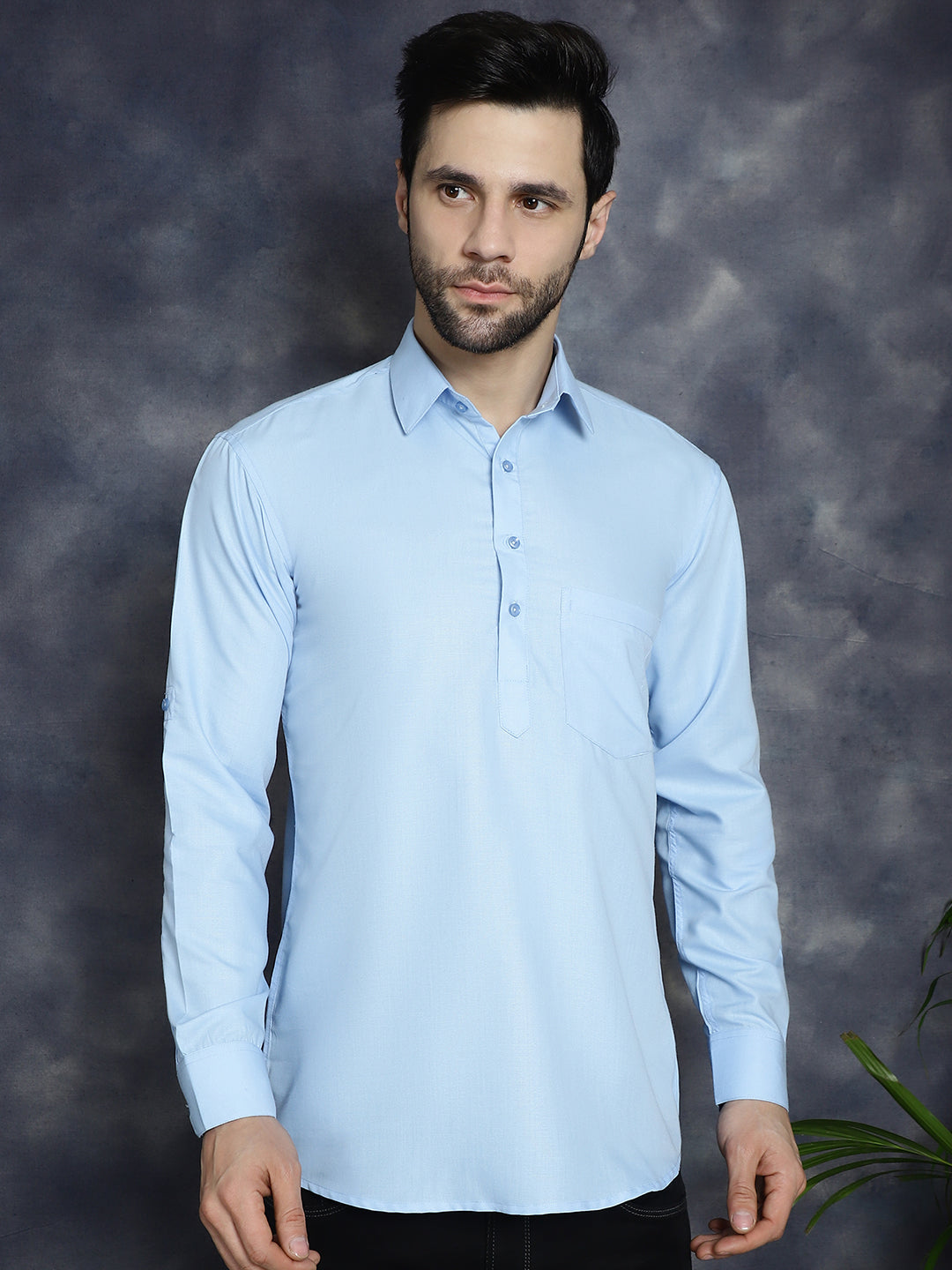 Men's Light Blue Solid Short Kurtas - Taantav