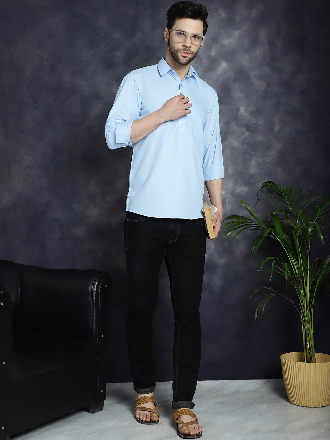 Men's Light Blue Solid Short Kurtas - Taantav