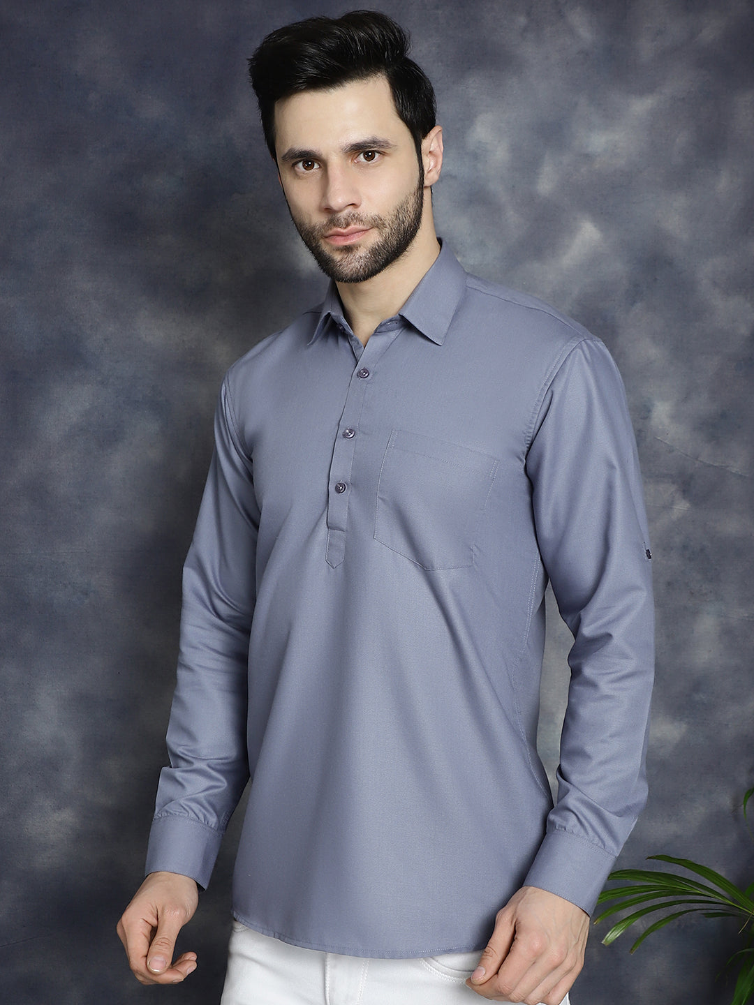 Men's Light Grey Solid Short Kurtas - Taantav