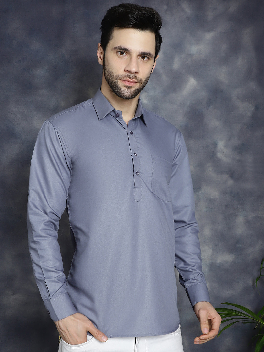 Men's Light Grey Solid Short Kurtas - Taantav