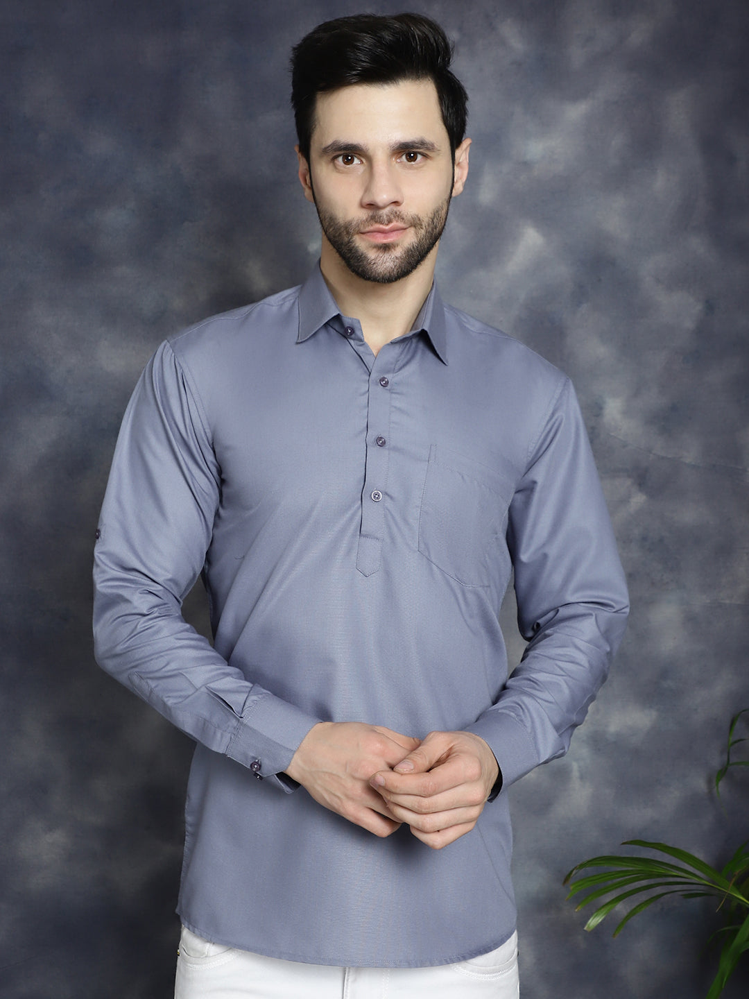 Men's Light Grey Solid Short Kurtas - Taantav