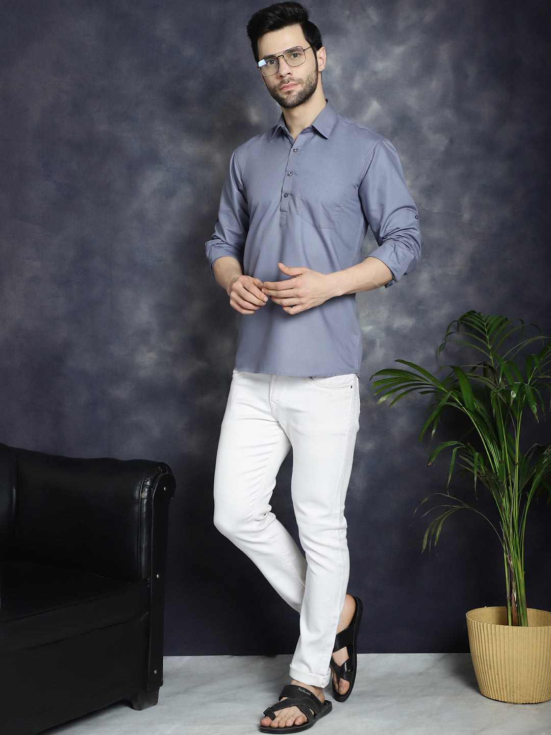 Men's Light Grey Solid Short Kurtas - Taantav