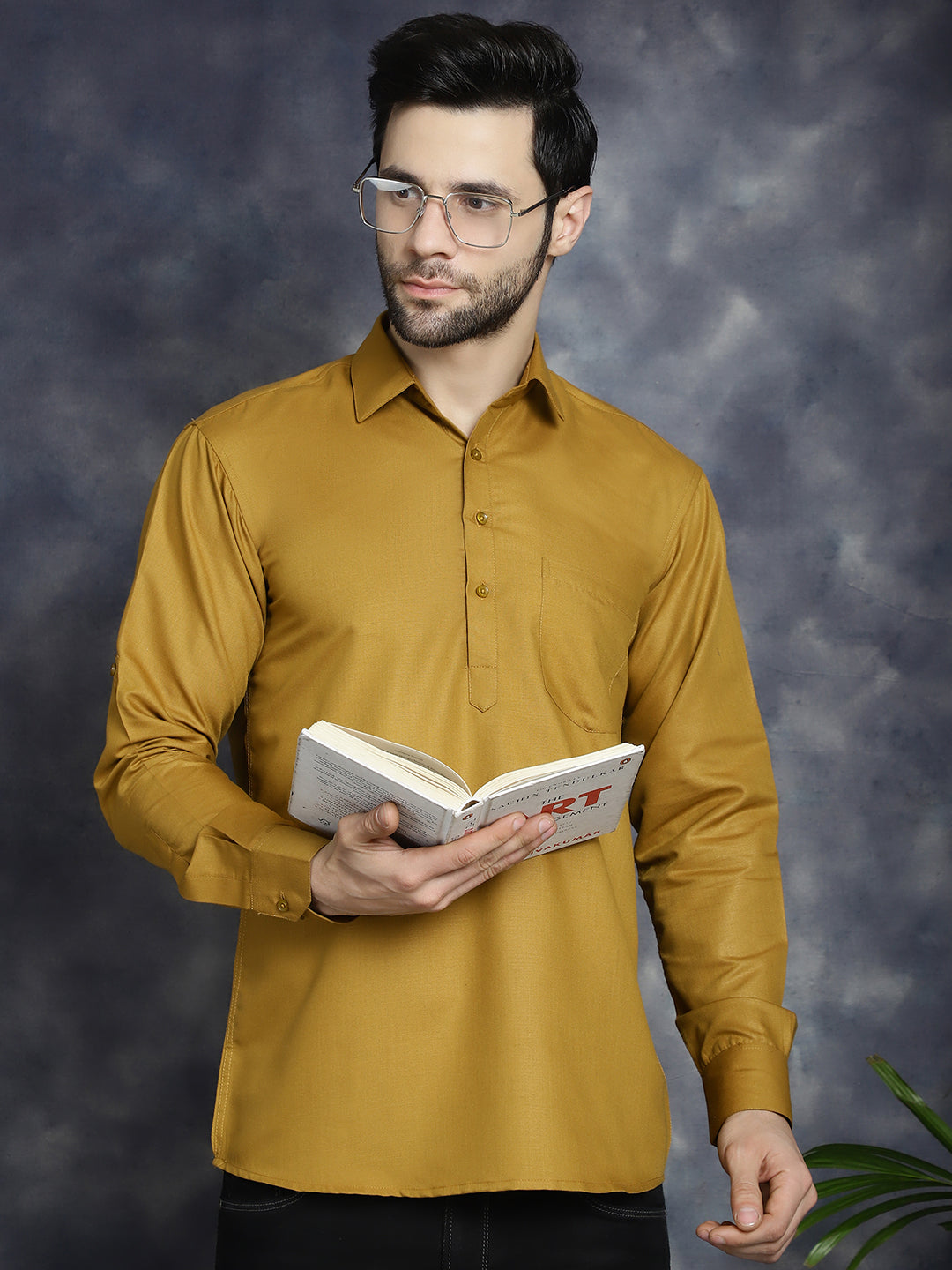 Men's Mustard Solid Short Kurtas - Taantav