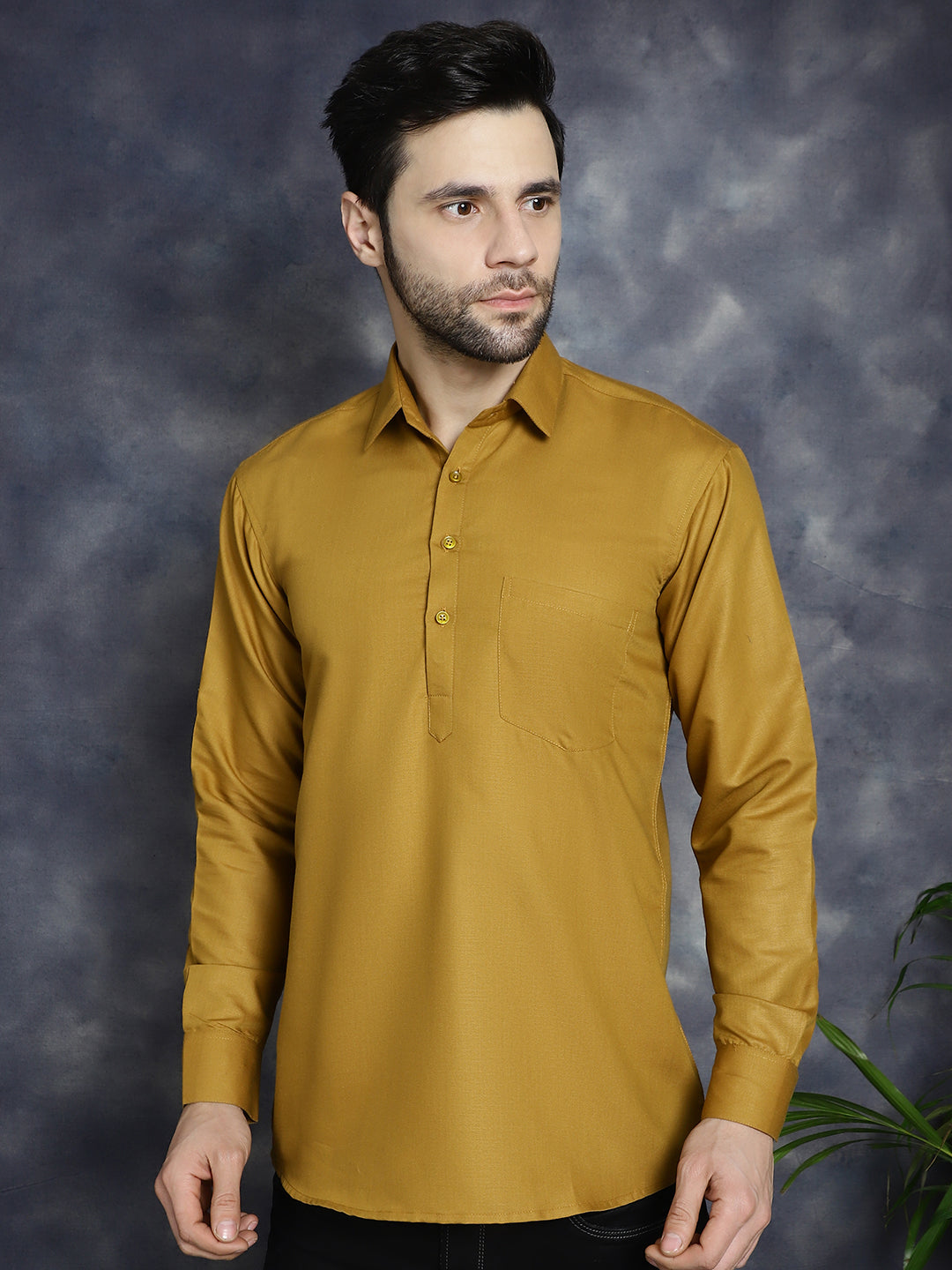 Men's Mustard Solid Short Kurtas - Taantav