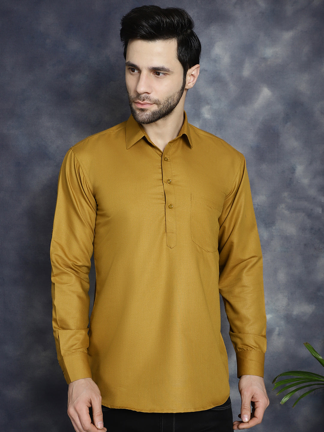 Men's Mustard Solid Short Kurtas - Taantav