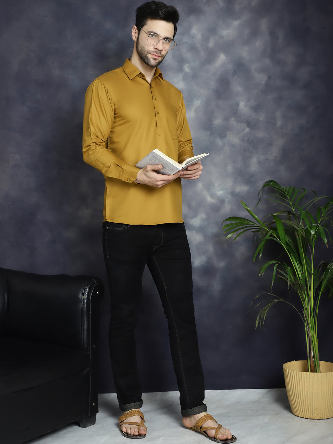 Men's Mustard Solid Short Kurtas - Taantav