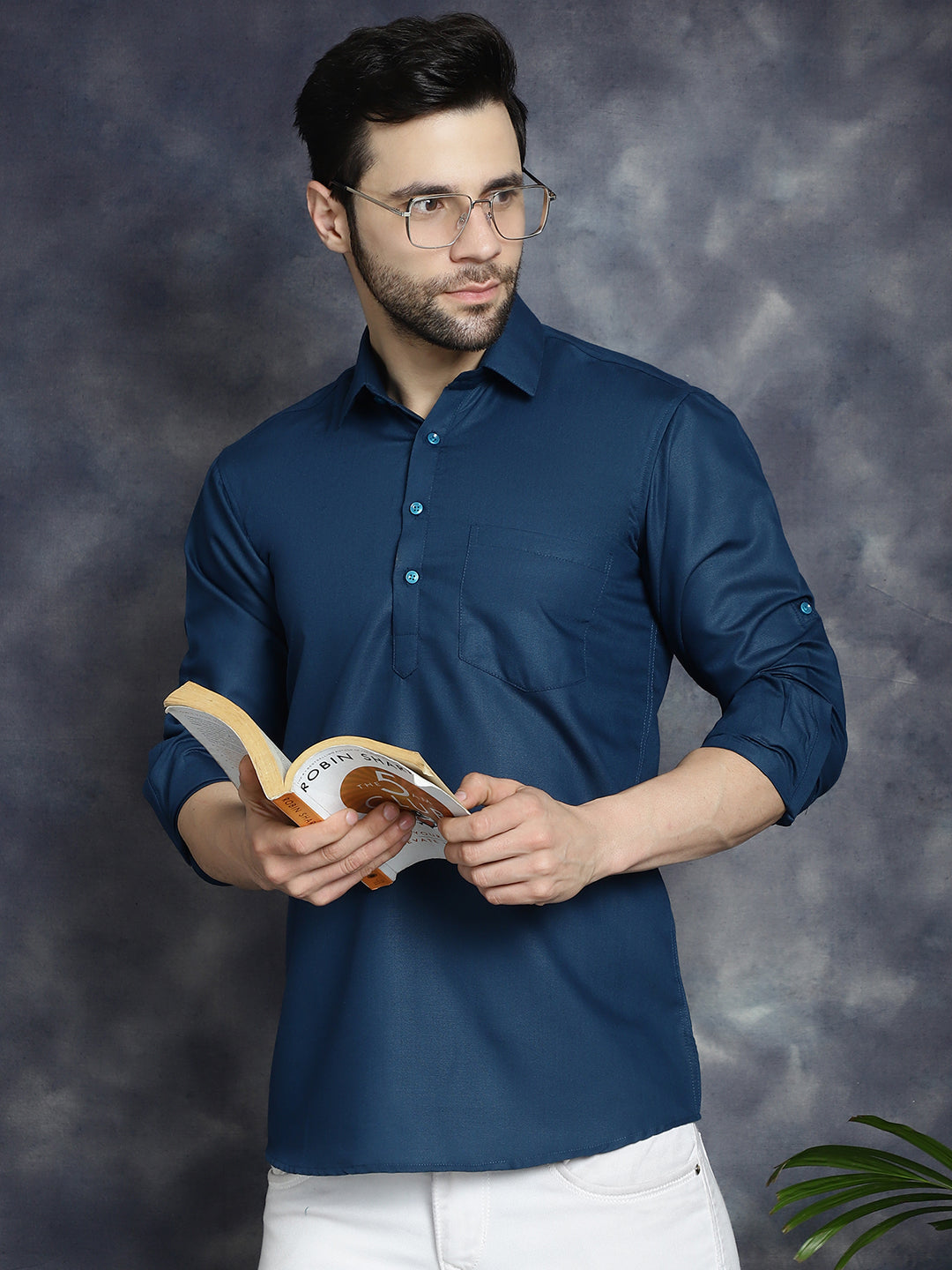 Men's Teal Blue Solid Short Kurtas - Taantav