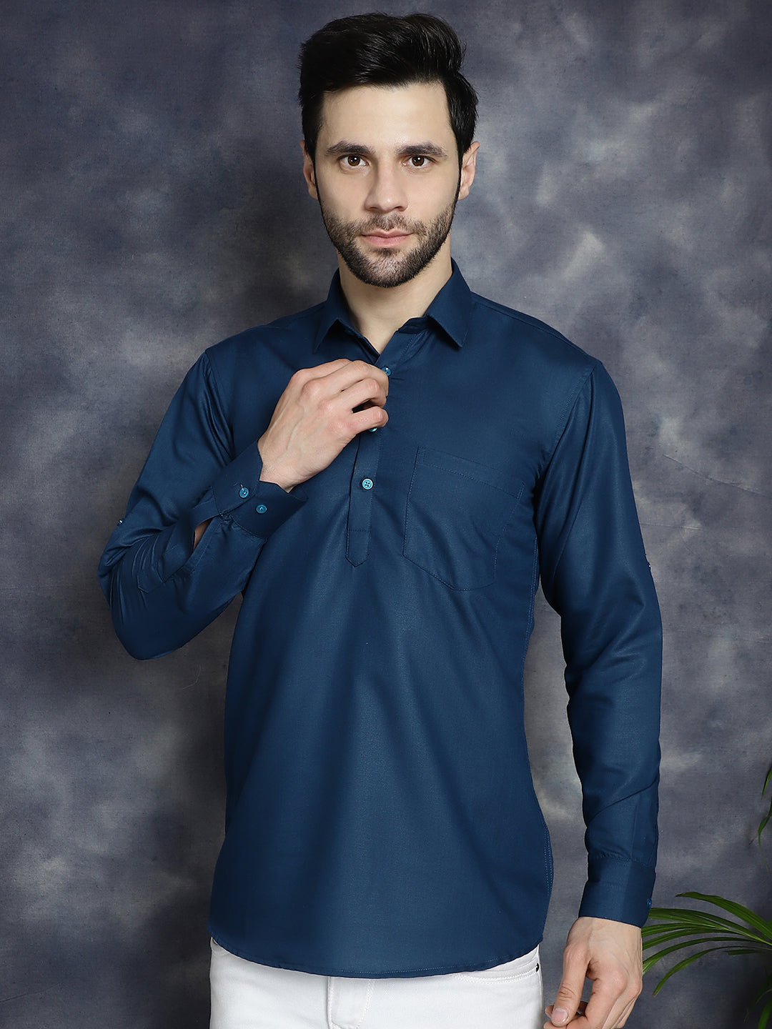 Men's Teal Blue Solid Short Kurtas - Taantav