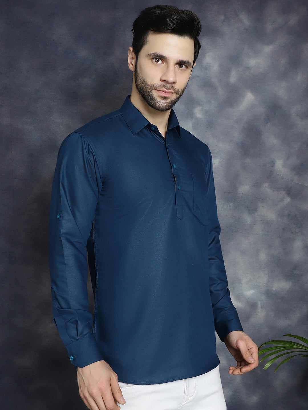 Men's Teal Blue Solid Short Kurtas - Taantav