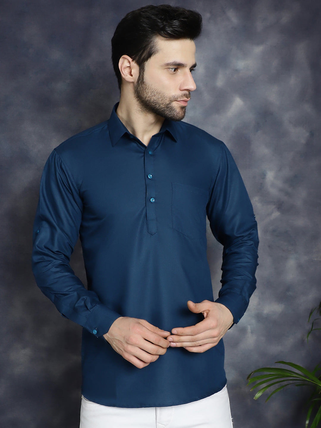 Men's Teal Blue Solid Short Kurtas - Taantav