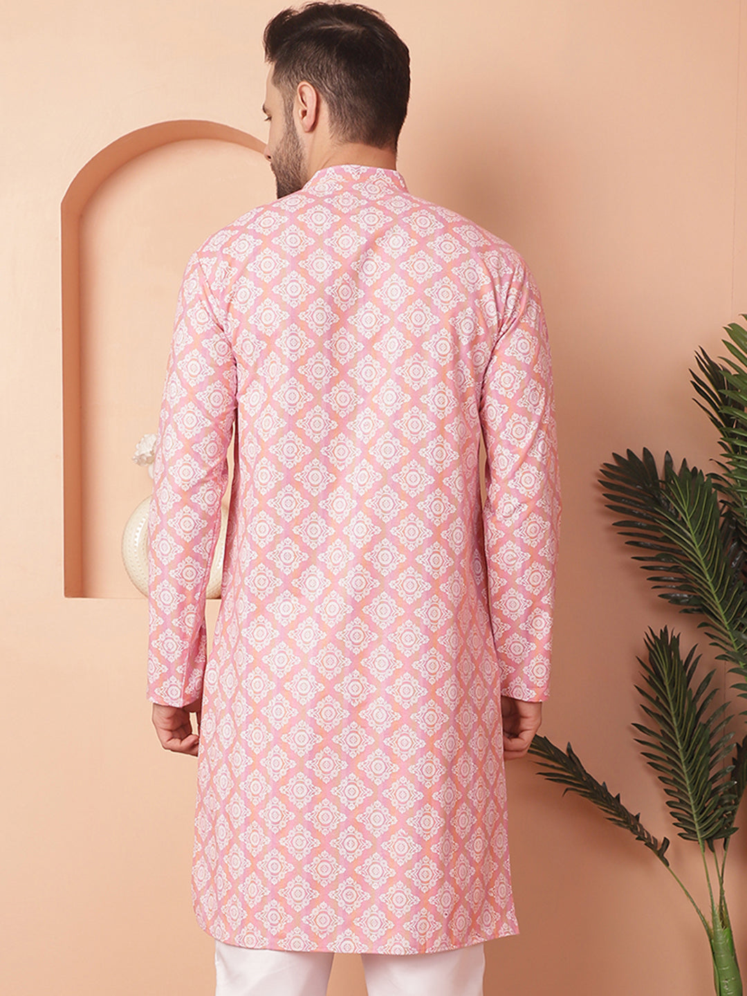 Men's Peach and White Floral Printed Kurtas - Taantav