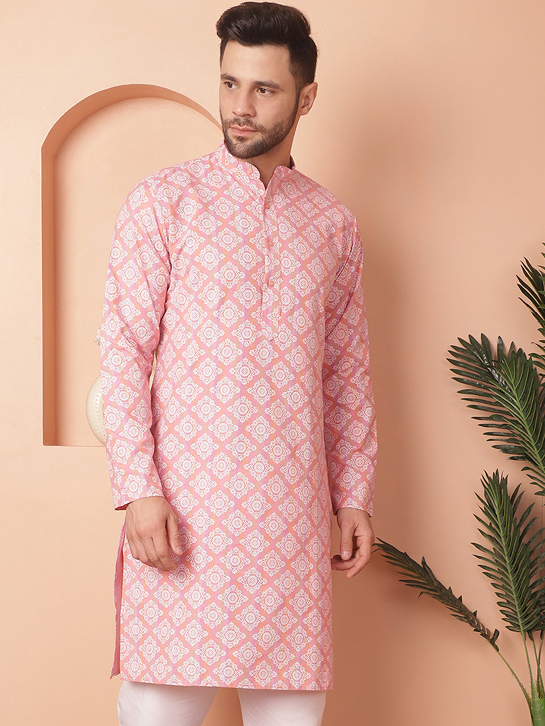 Men's Peach and White Floral Printed Kurtas - Taantav