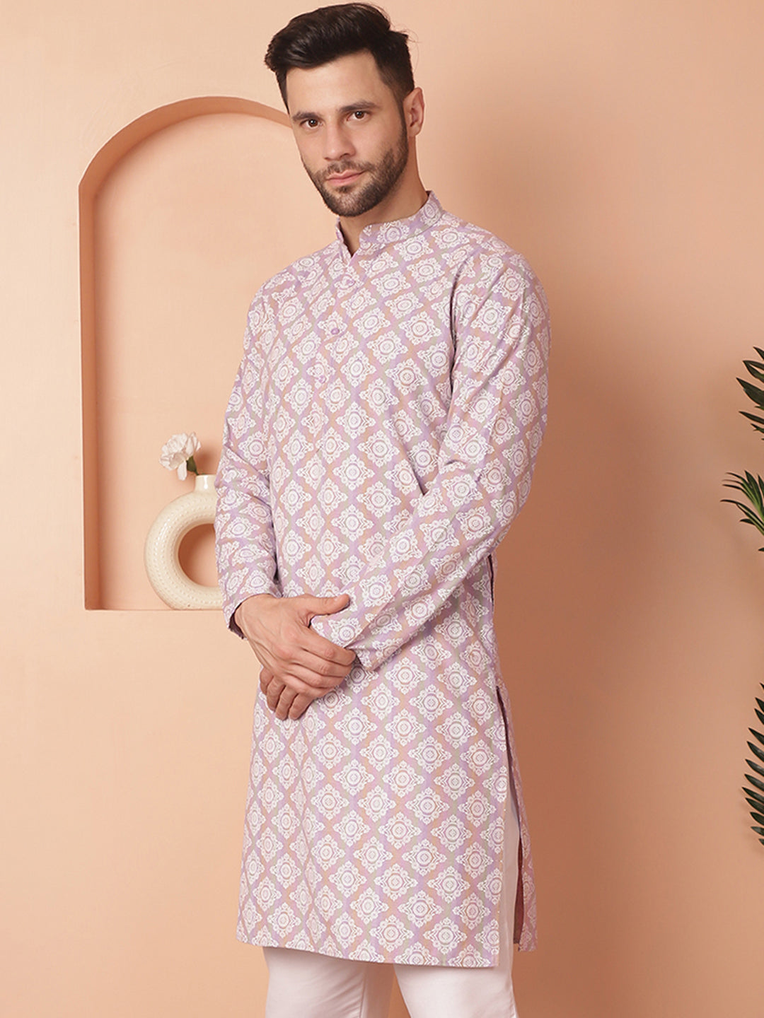 Men's Purple and White Floral Printed Kurtas - Taantav