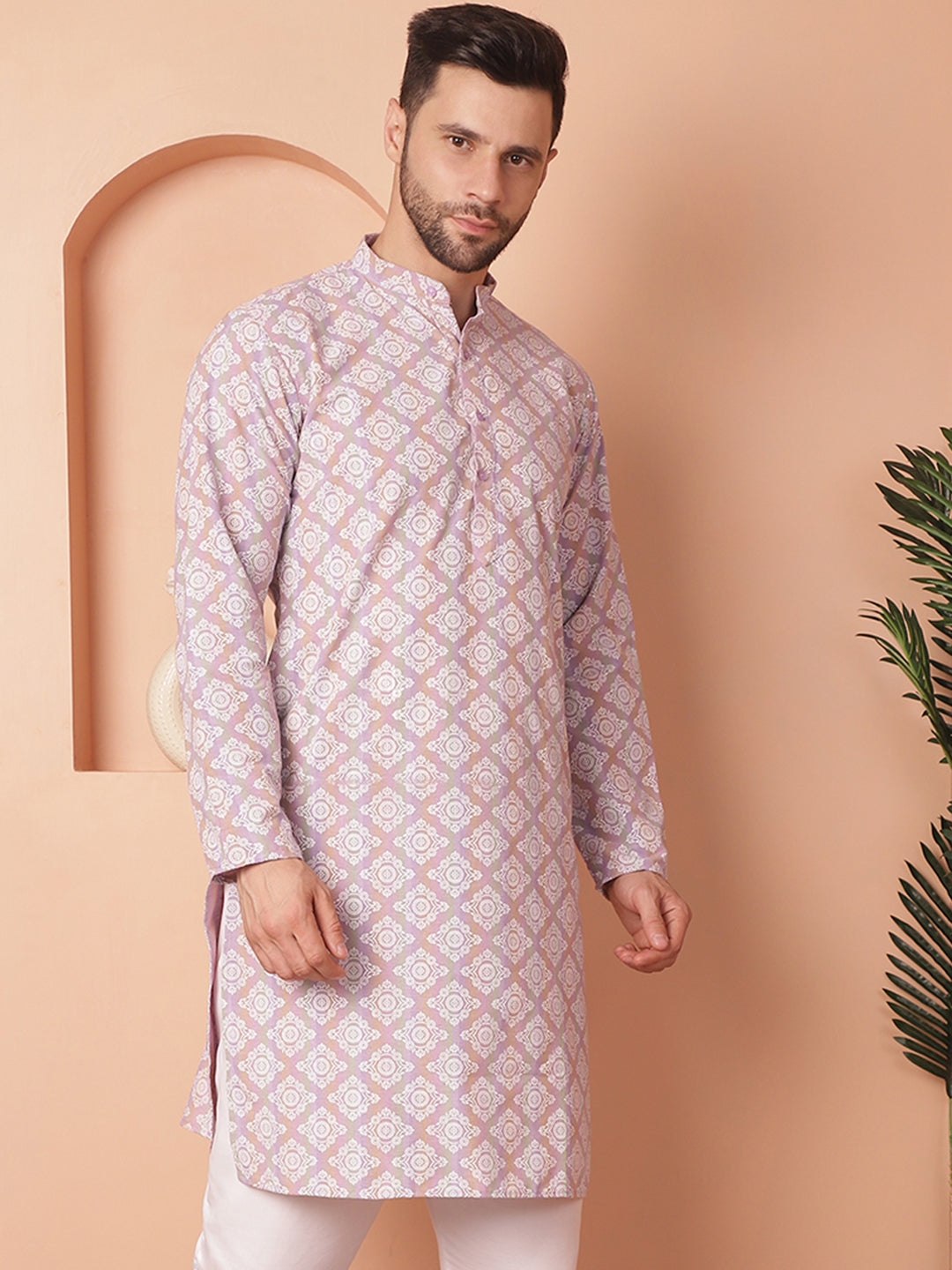 Men's Purple and White Floral Printed Kurtas - Taantav