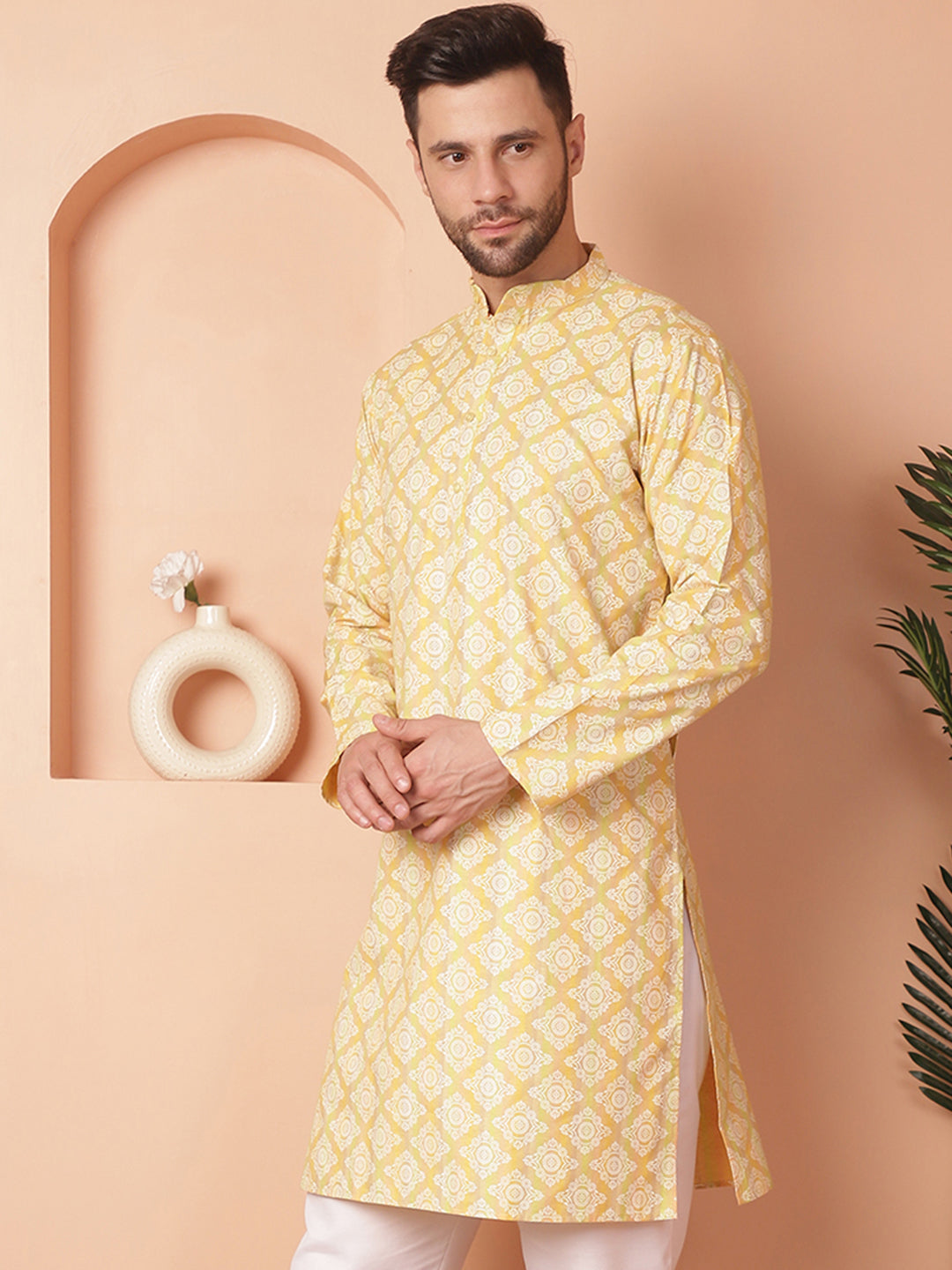 Men's Yellow and White Floral Printed Kurtas - Taantav