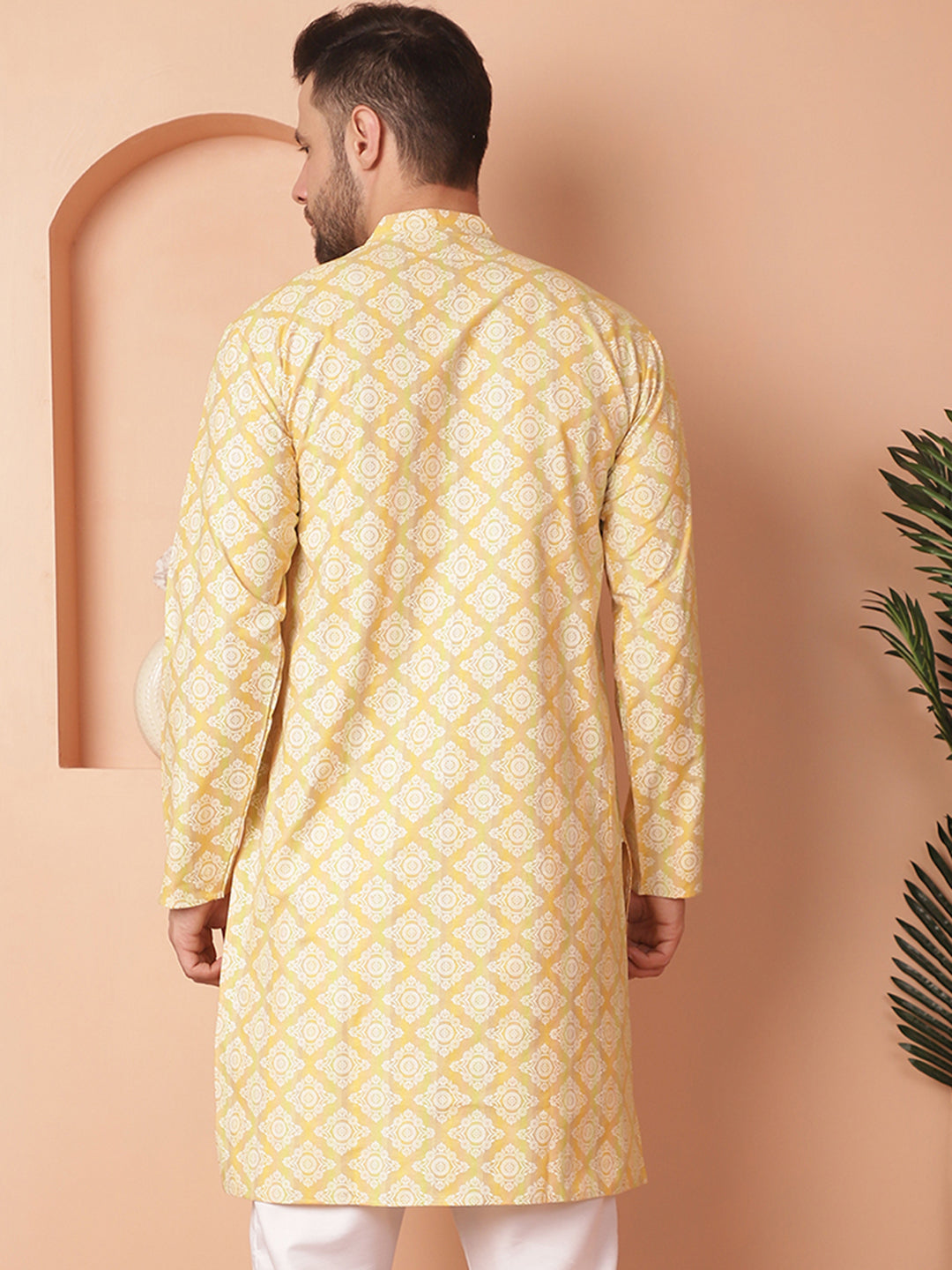 Men's Yellow and White Floral Printed Kurtas - Taantav