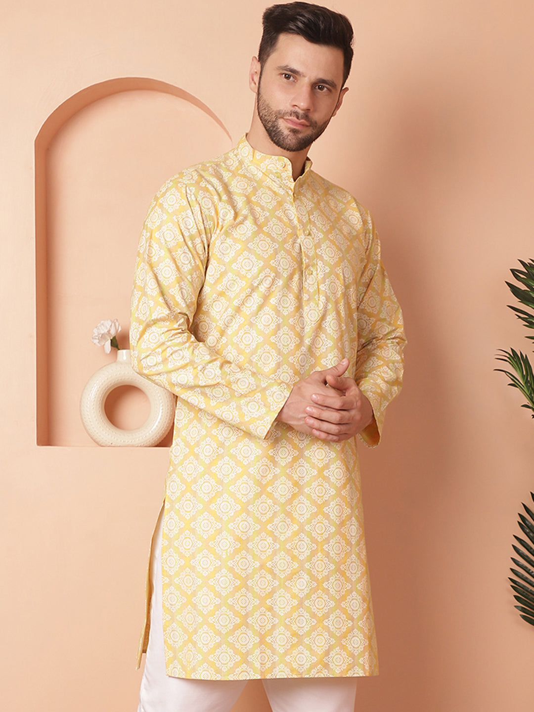 Men's Yellow and White Floral Printed Kurtas - Taantav