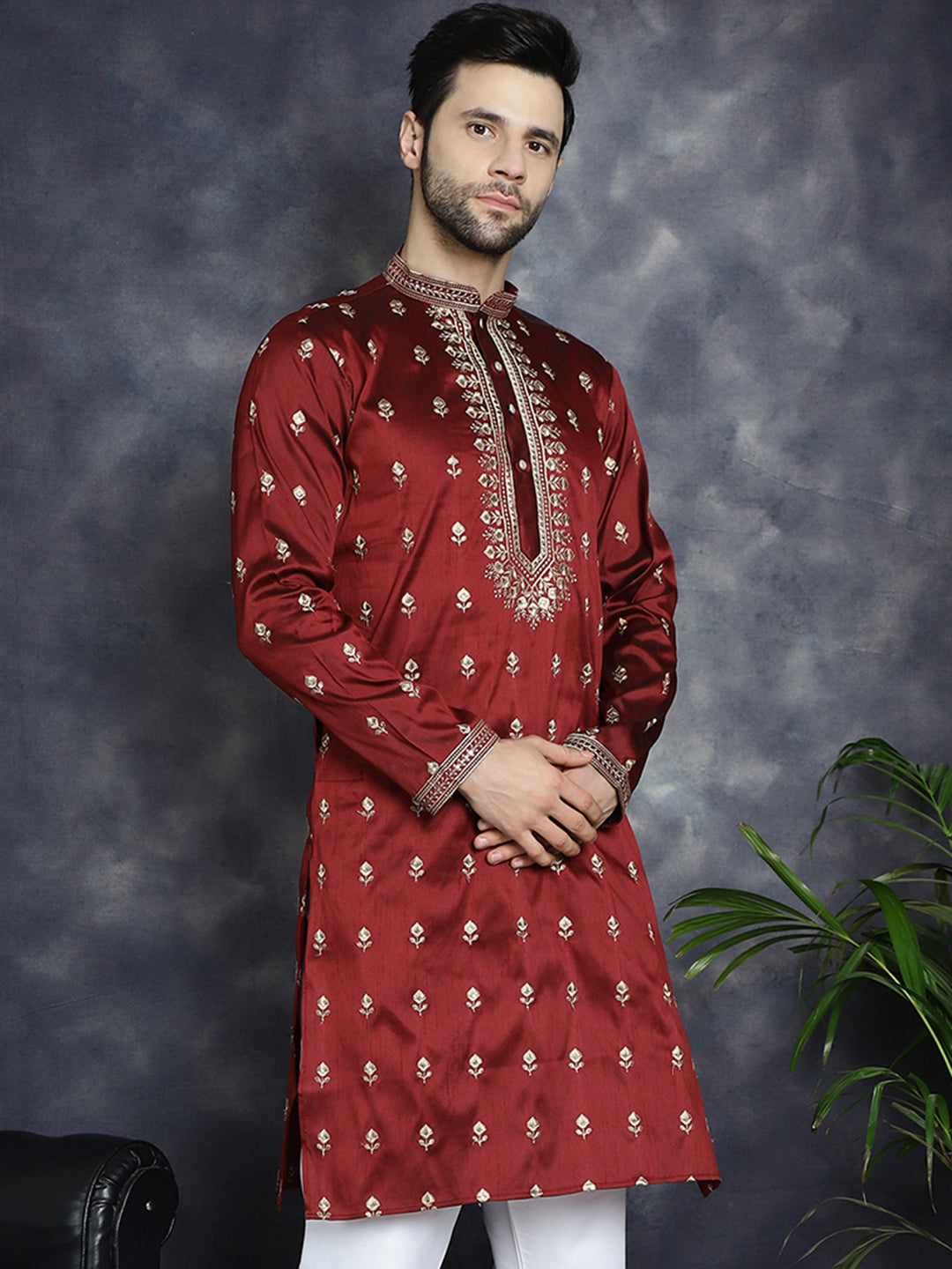 Men's Maroon Chikankari Embroidered Kurtas - Taantav