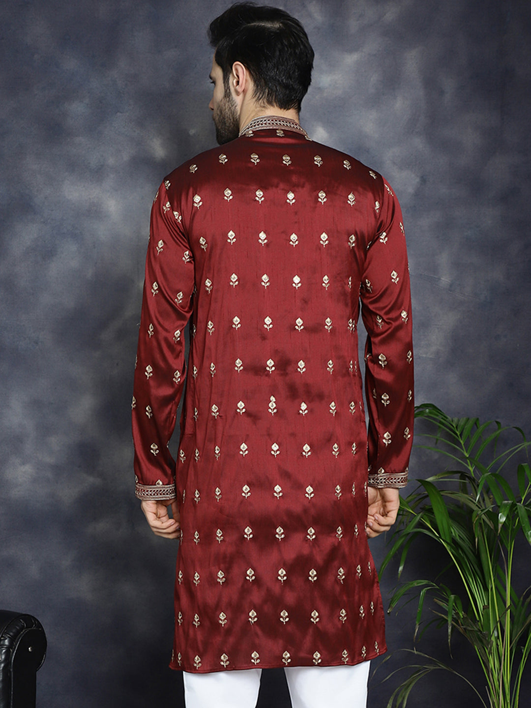 Men's Maroon Chikankari Embroidered Kurtas - Taantav