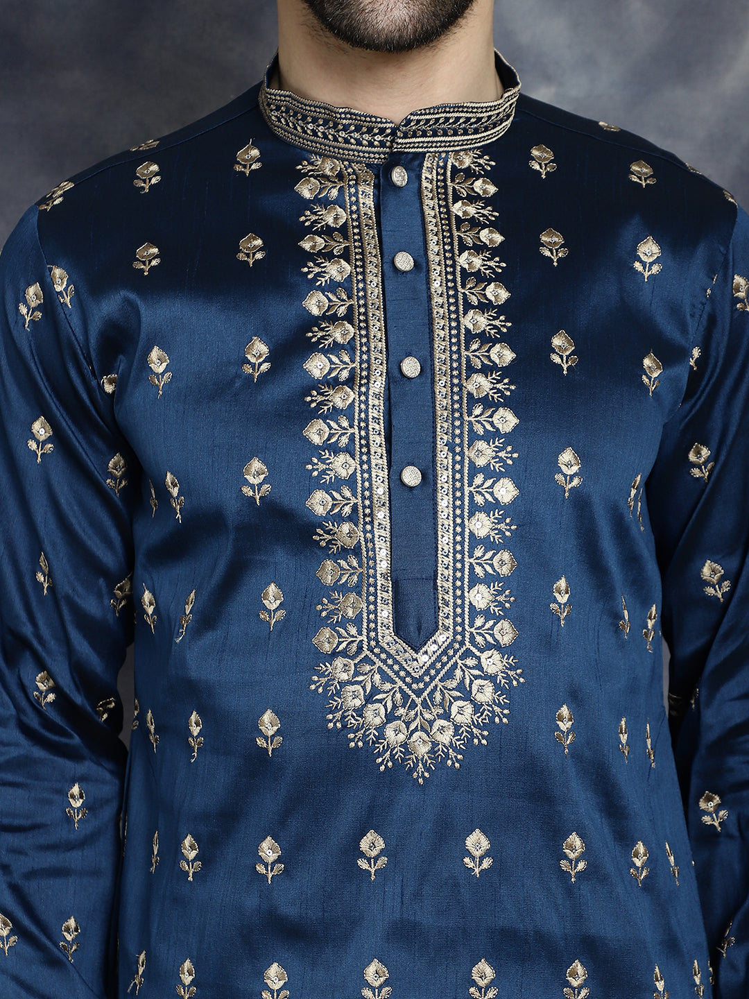 Men's Navy Blue Chikankari Embroidered Kurtas - Taantav