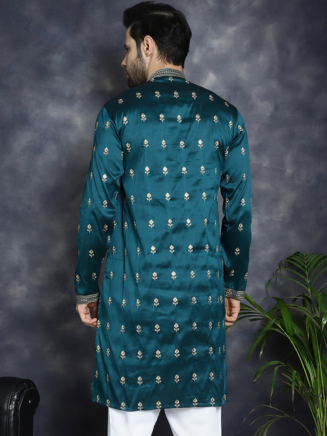 Men's Peacock Blue Chikankari Embroidered Kurtas - Taantav