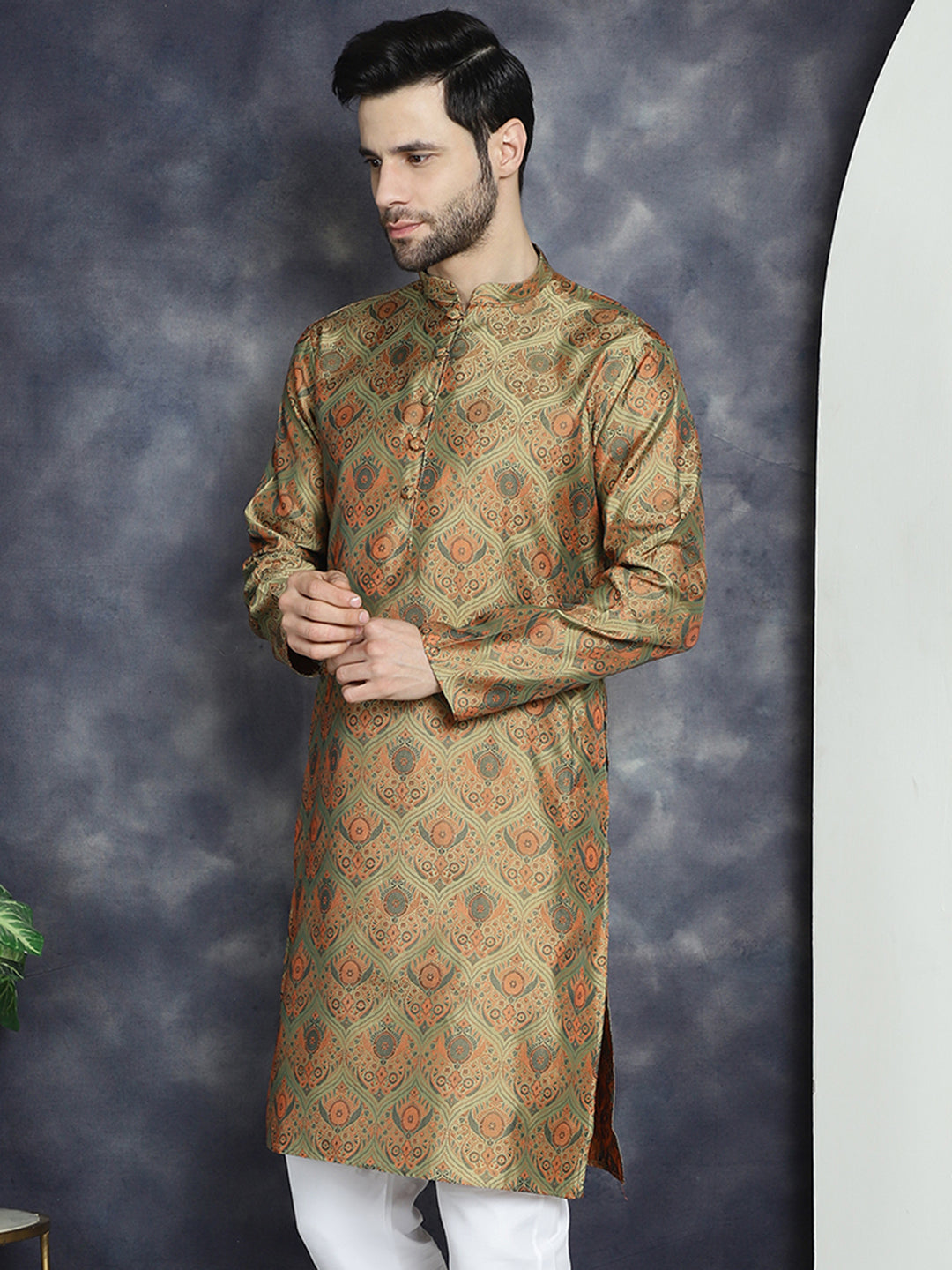 Men's Golden Silk Blend Straight Kurtas - Taantav