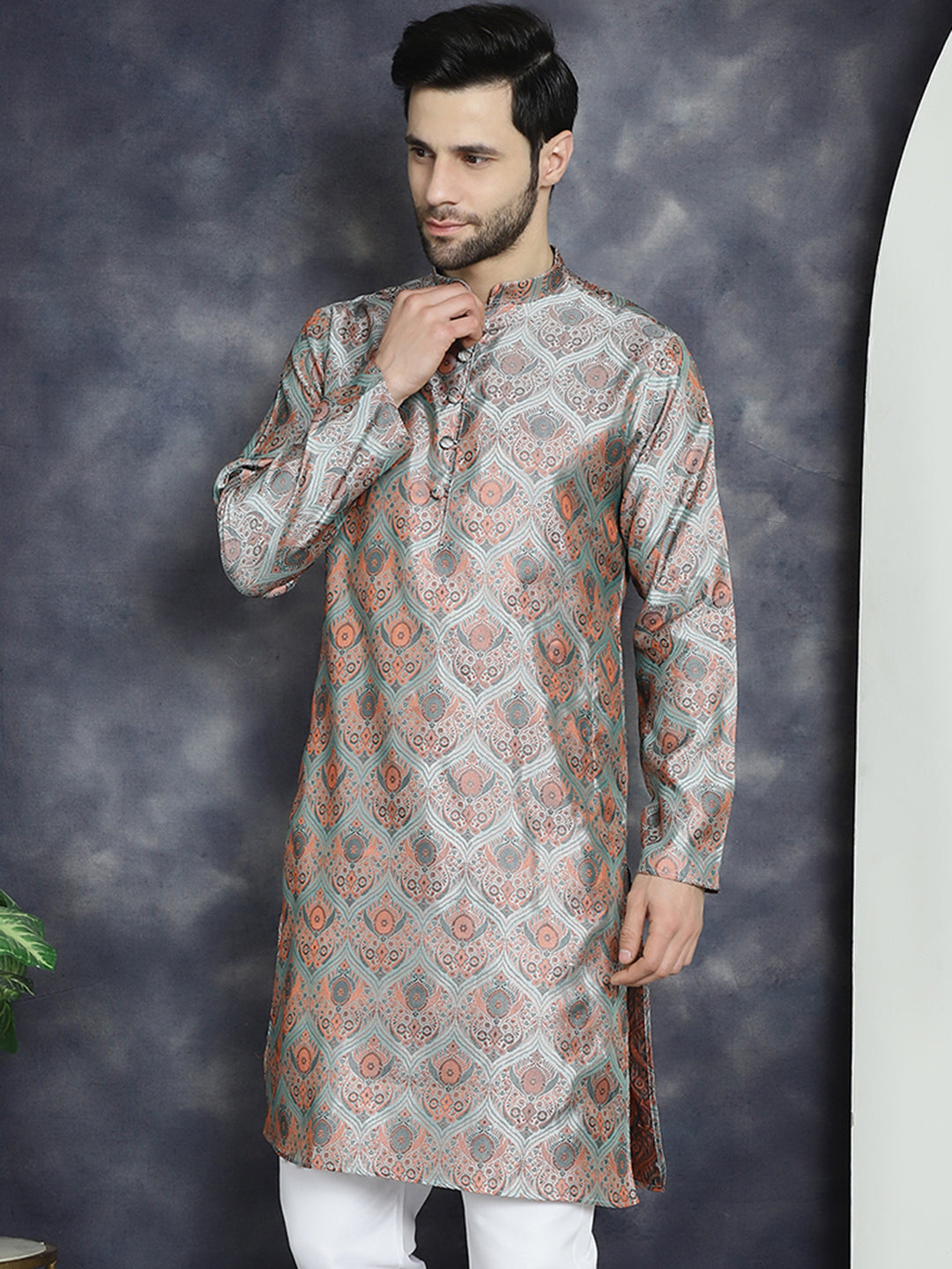 Men's Silver Silk Blend Straight Kurtas - Taantav