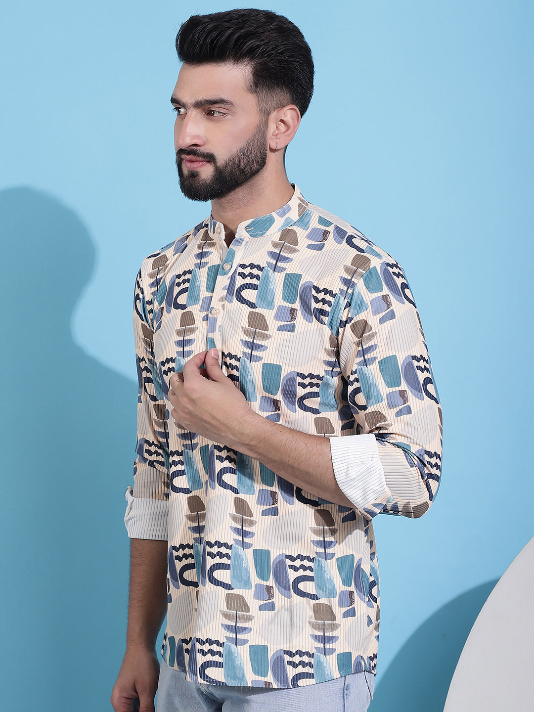 Men's Printed Corduroy Short Kurta - Taantav