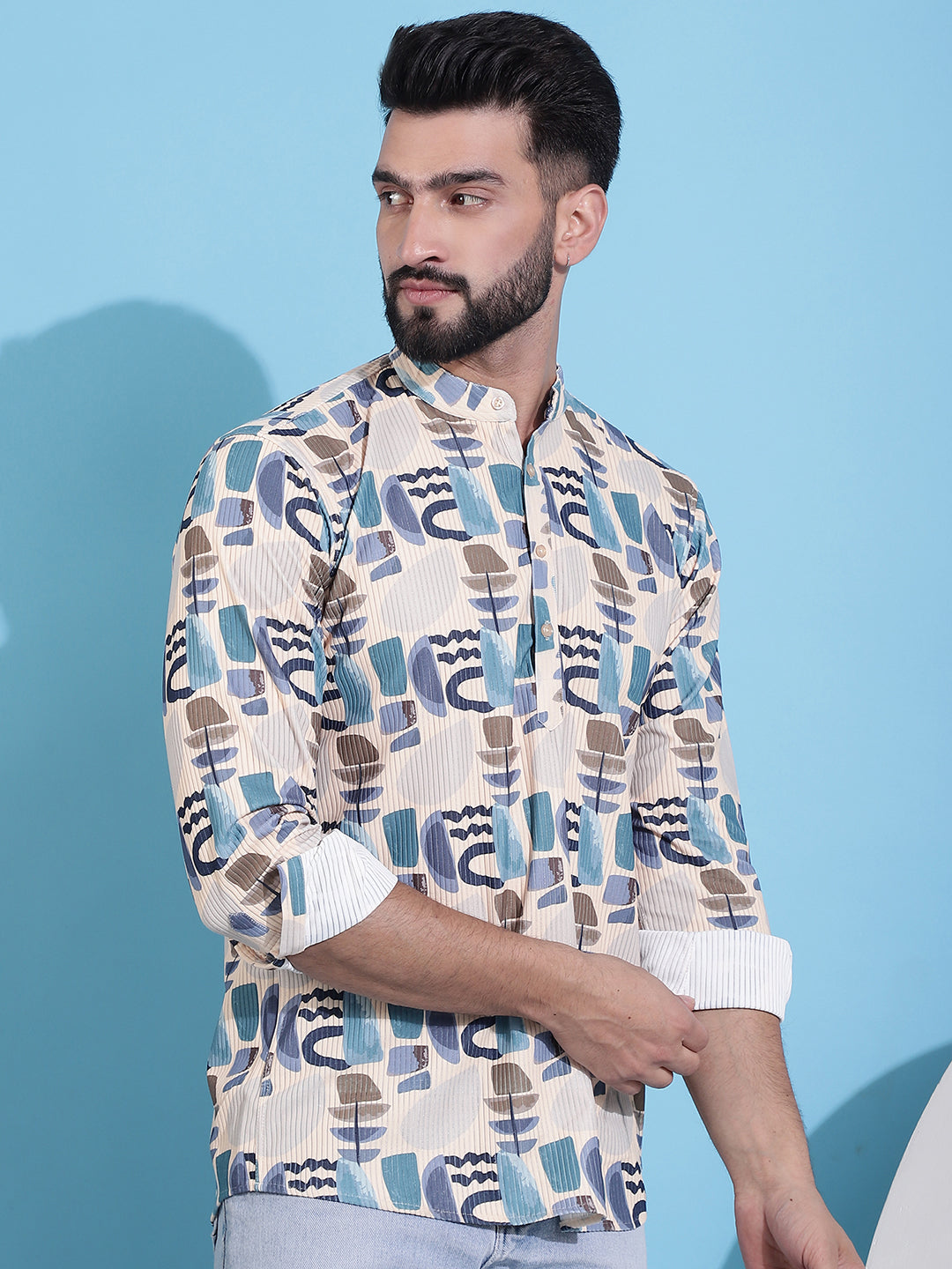 Men's Printed Corduroy Short Kurta - Taantav