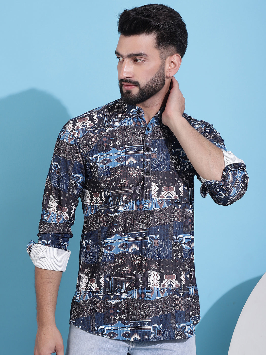 Men's Printed Corduroy Short Kurta - Taantav