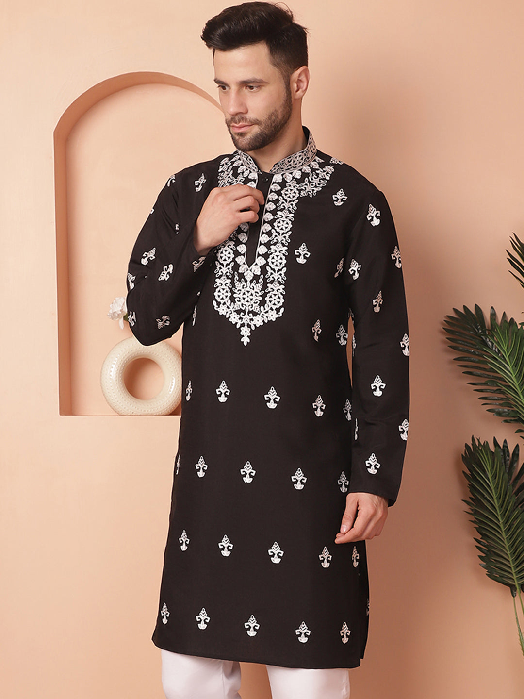 Men's Black Chikankari Embroidered Kurtas - Taantav