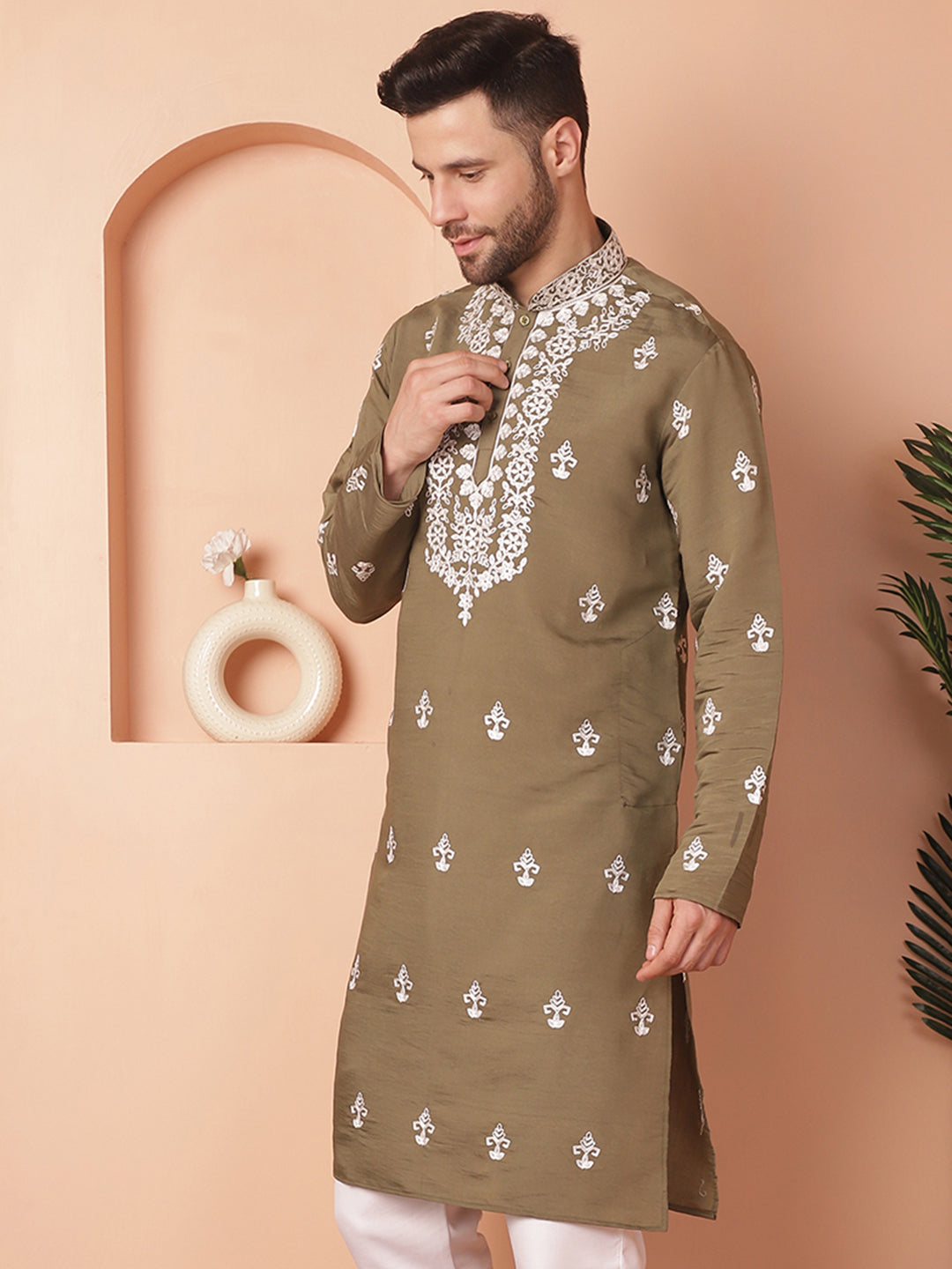 Men's Olive Chikankari Embroidered Kurtas - Taantav