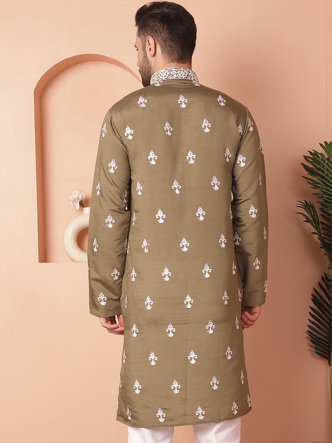 Men's Olive Chikankari Embroidered Kurtas - Taantav