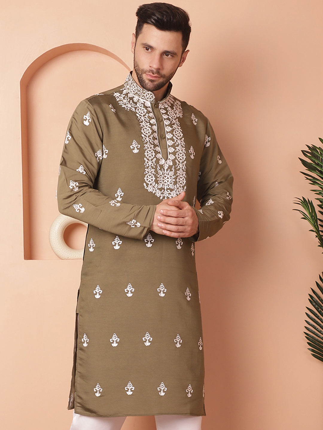 Men's Olive Chikankari Embroidered Kurtas - Taantav