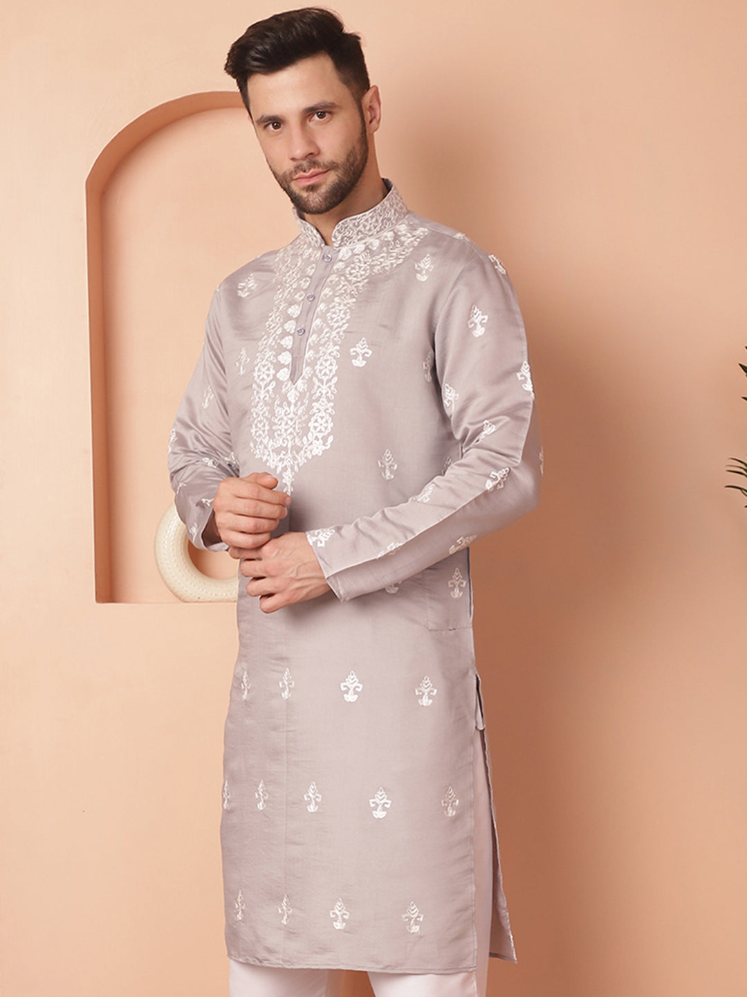 Men's Grey Chikankari Embroidered Kurtas - Taantav