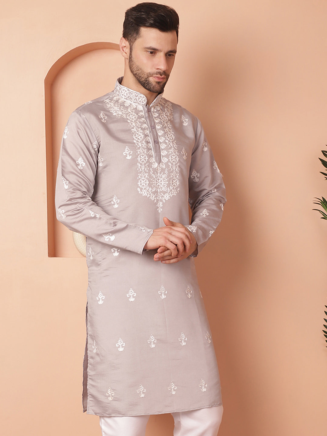 Men's Grey Chikankari Embroidered Kurtas - Taantav