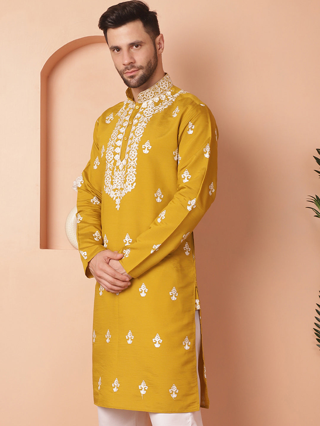 Men's Mustard Chikankari Embroidered Kurtas - Taantav