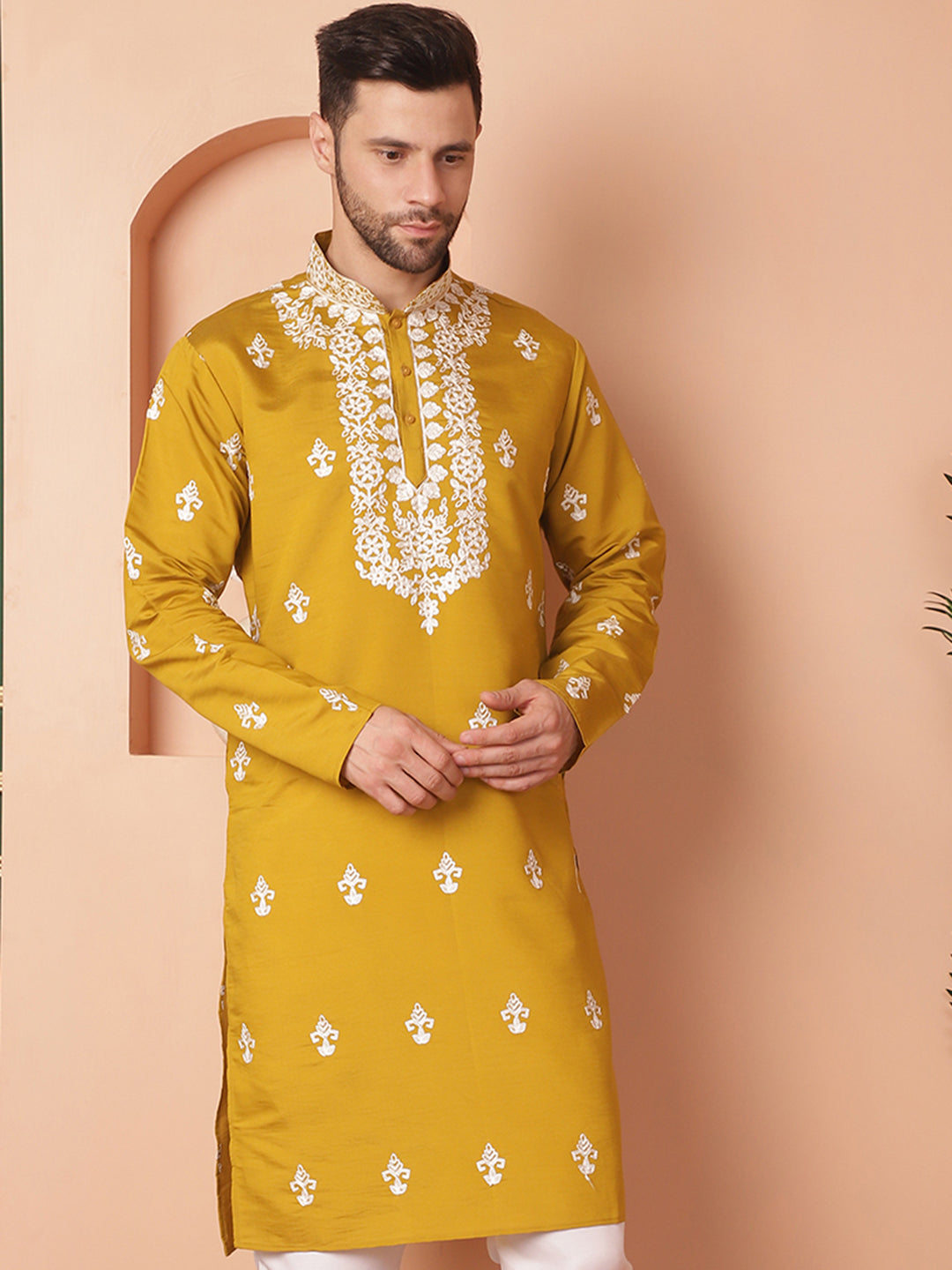 Men's Mustard Chikankari Embroidered Kurtas - Taantav