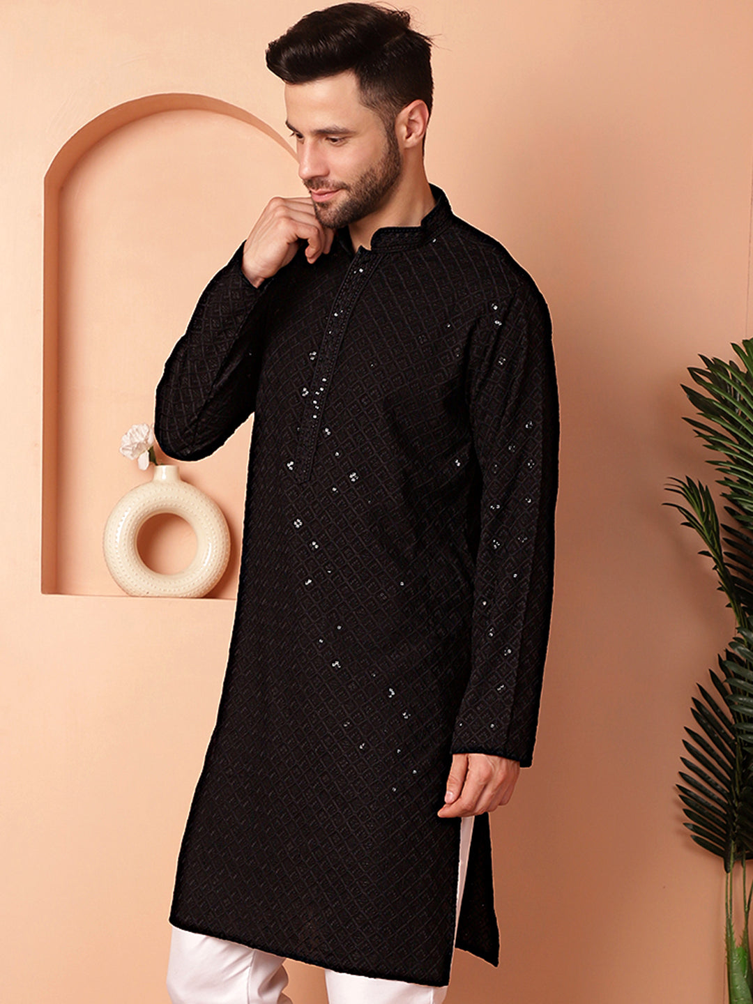 Men's Black Embroidered and Sequence Kurtas - Taantav