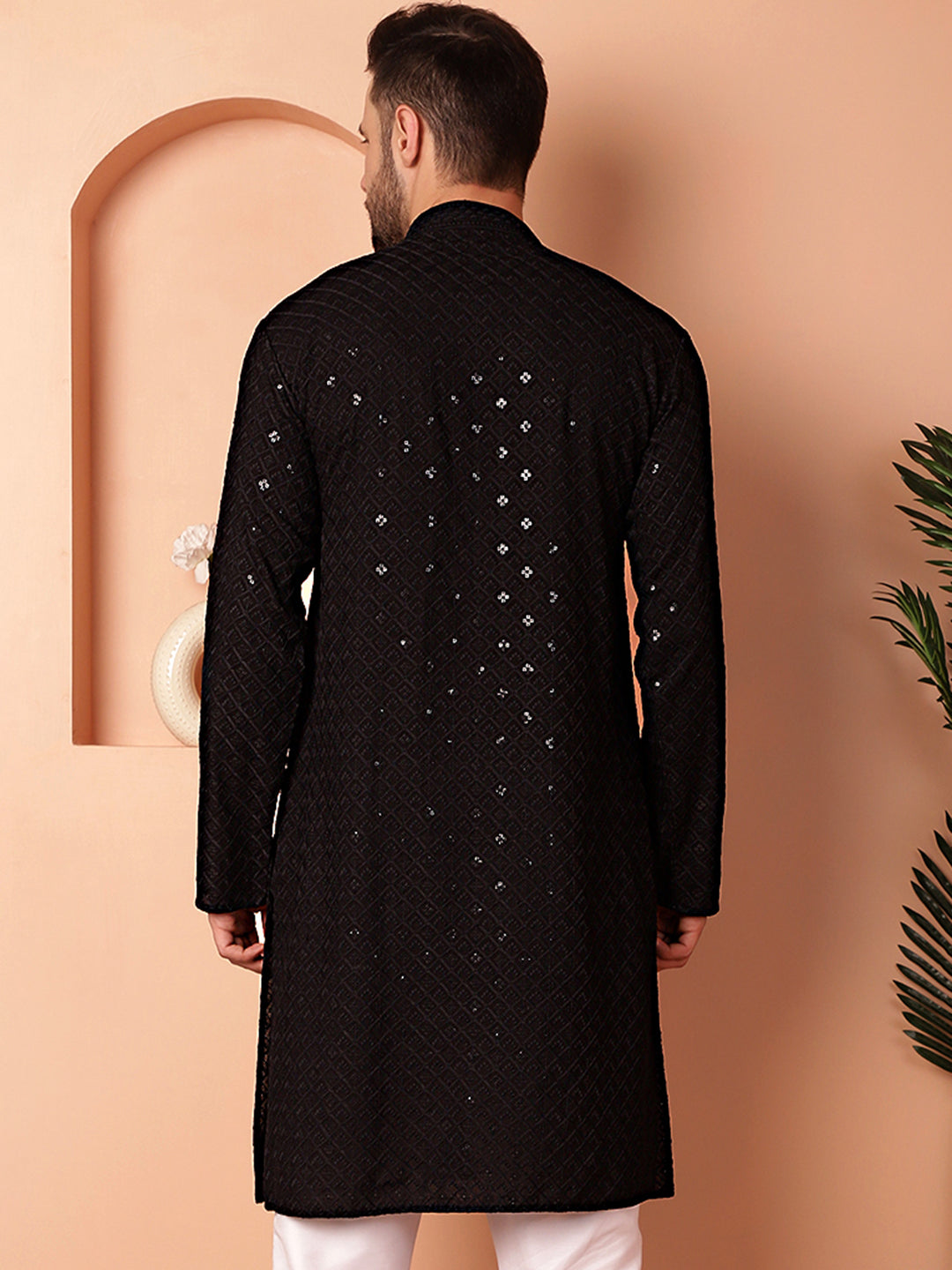 Men's Black Embroidered and Sequence Kurtas - Taantav